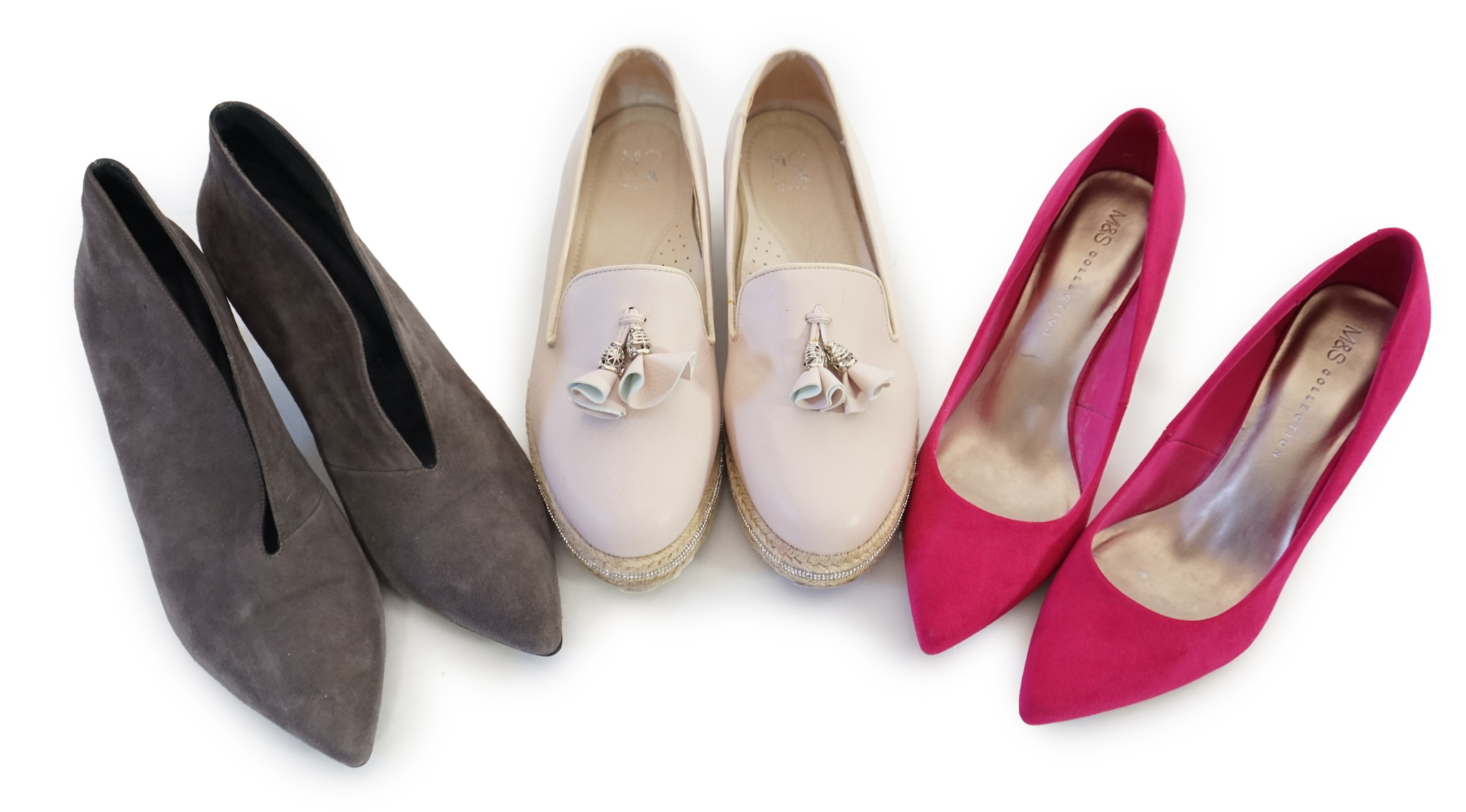Three pairs of lady's shoes, Jigsaw V front shoe boot size 39, Marks & Spencer bright pink suede size 5.5 and a pair of Moda in Pelle buff platformed flats with metallic silver strip through sole. Proceeds to Happy Paws